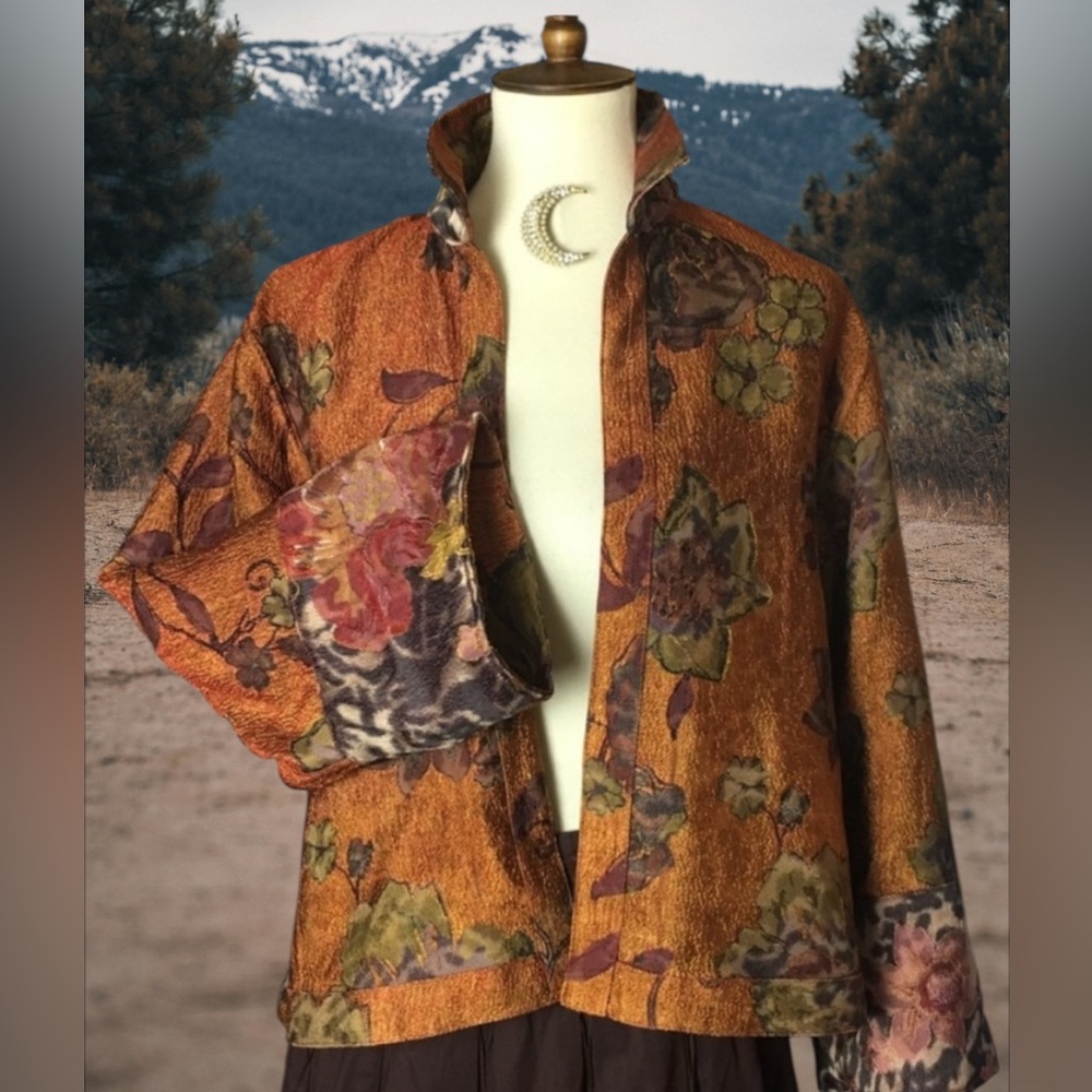 Coldwater Creek Animal Rose Shimmer Floral Print Reversible Jacket PS NWT